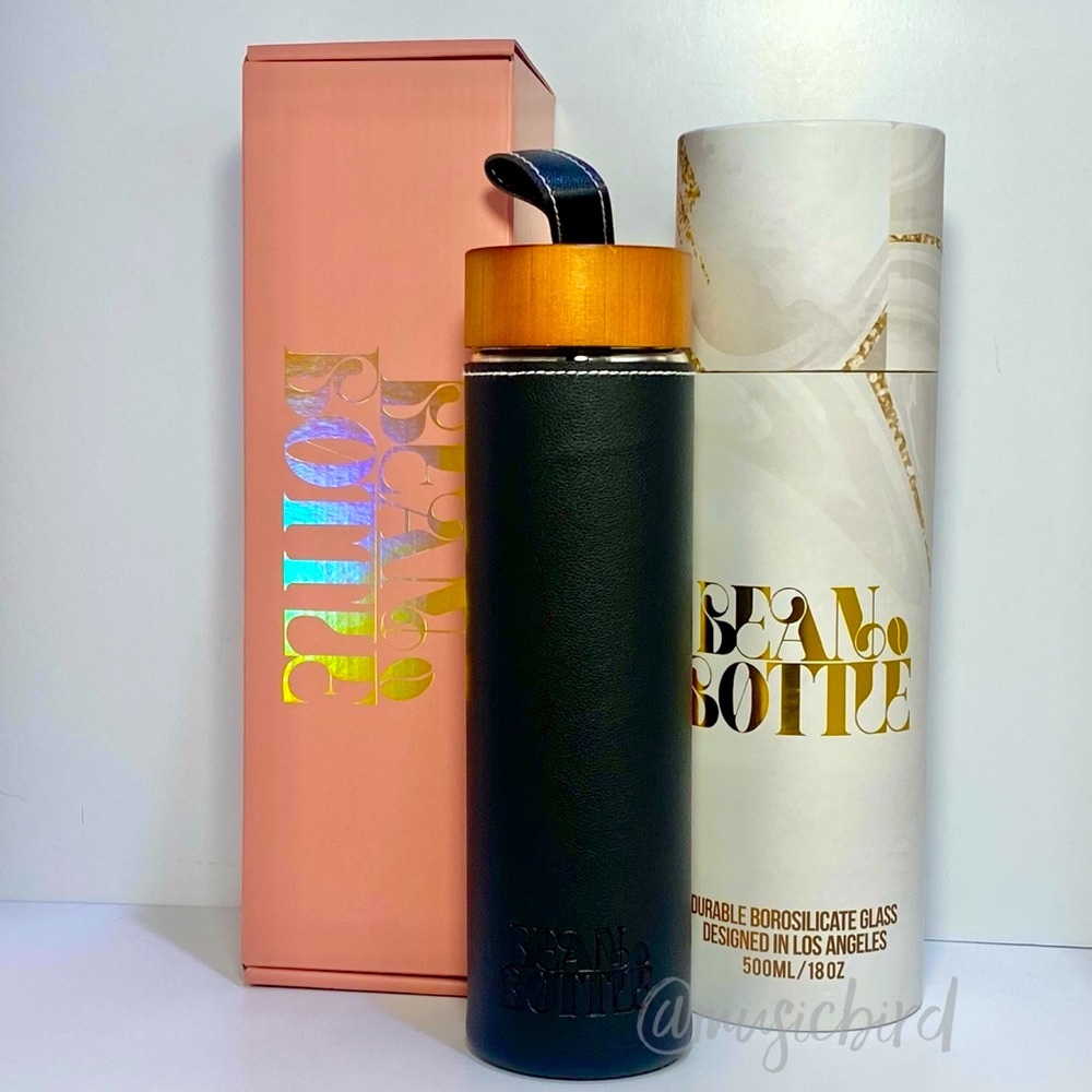 Black Leather Bean Bottle Double Wall Borosilicate Glass Bottle